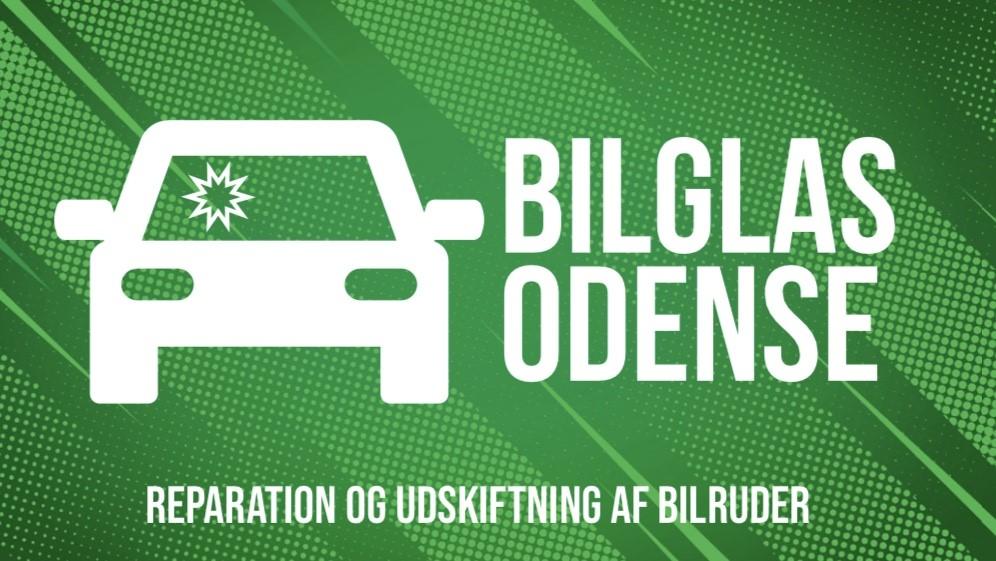 Bilglas Odense logo med en bil og en revnet forrude, der annoncerer reparation og udskiftning af bilruder.