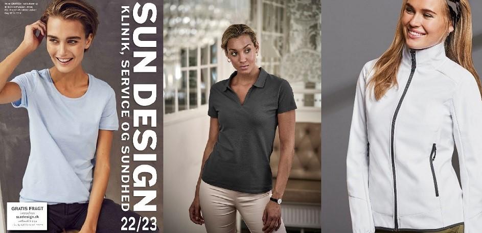 Billede af tre kvinder iført forskellige tøjstile fra SunDesigns kollektion 22/23, herunder t-shirts og jakker.