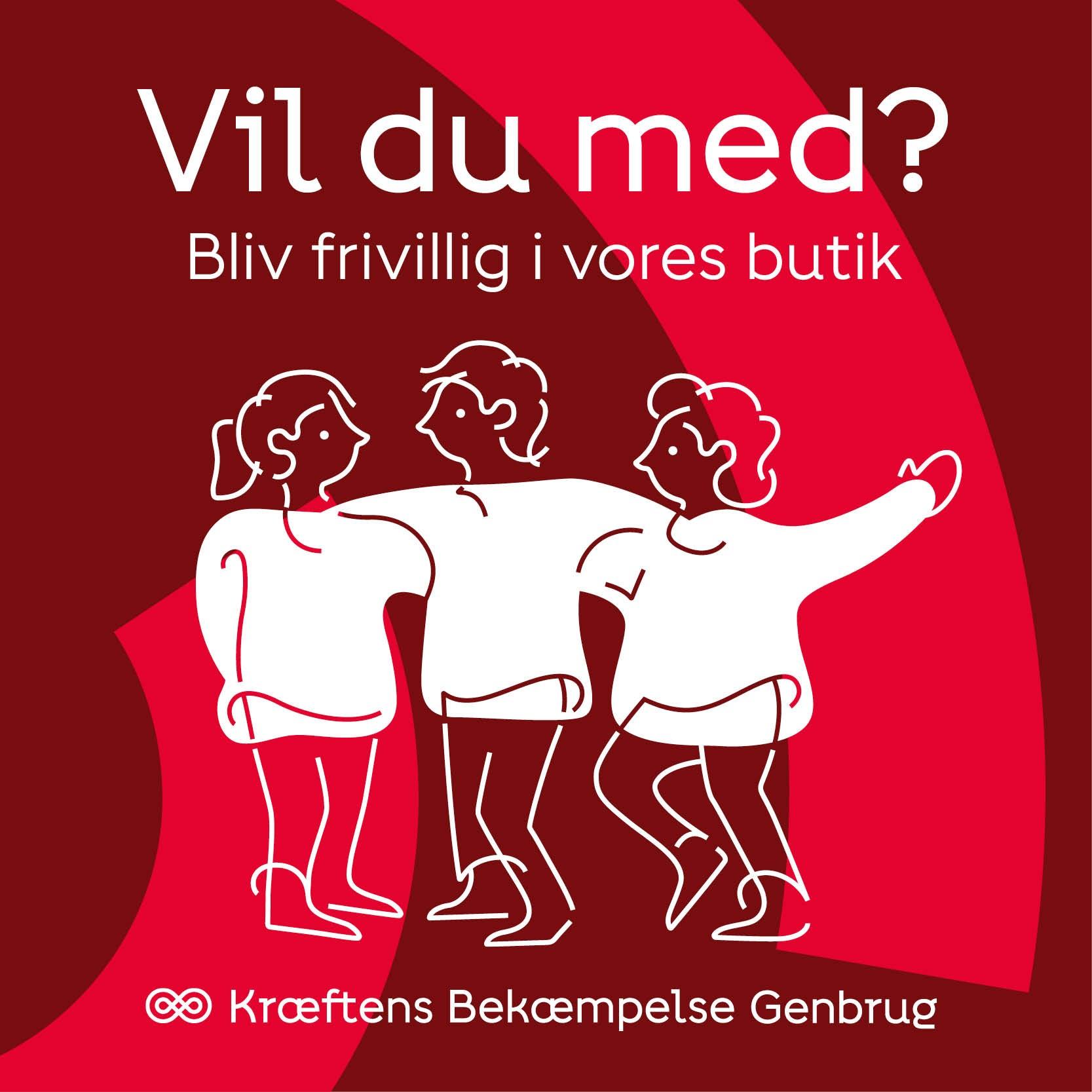 Tre glade personer står sammen og opfordrer til frivilligt arbejde i en butik for Kræftens Bekæmpelse.