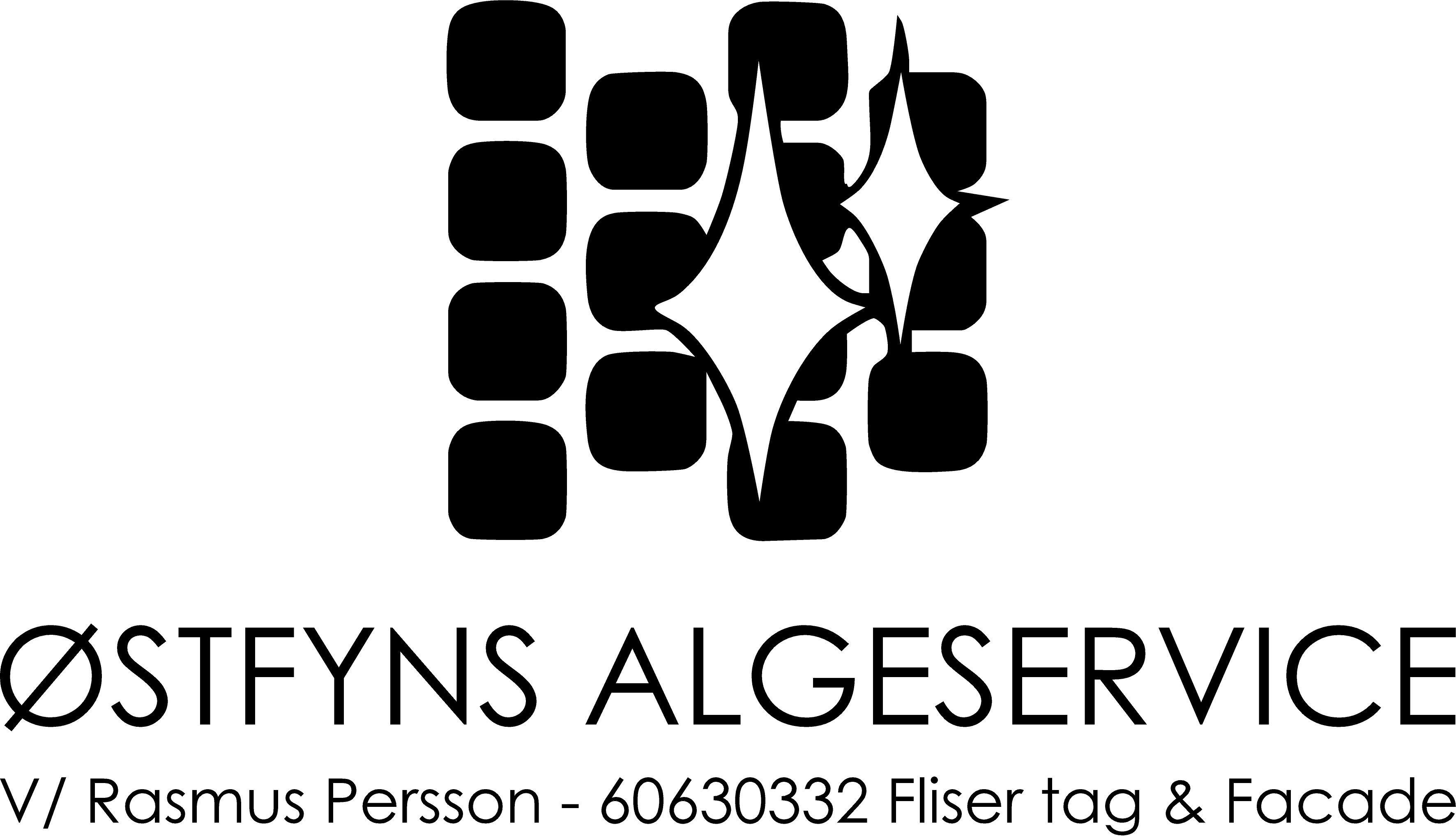 Østfyns Algeservice logo med firkanter og stjerner, samt kontaktinformation for Rasmus Persson.
