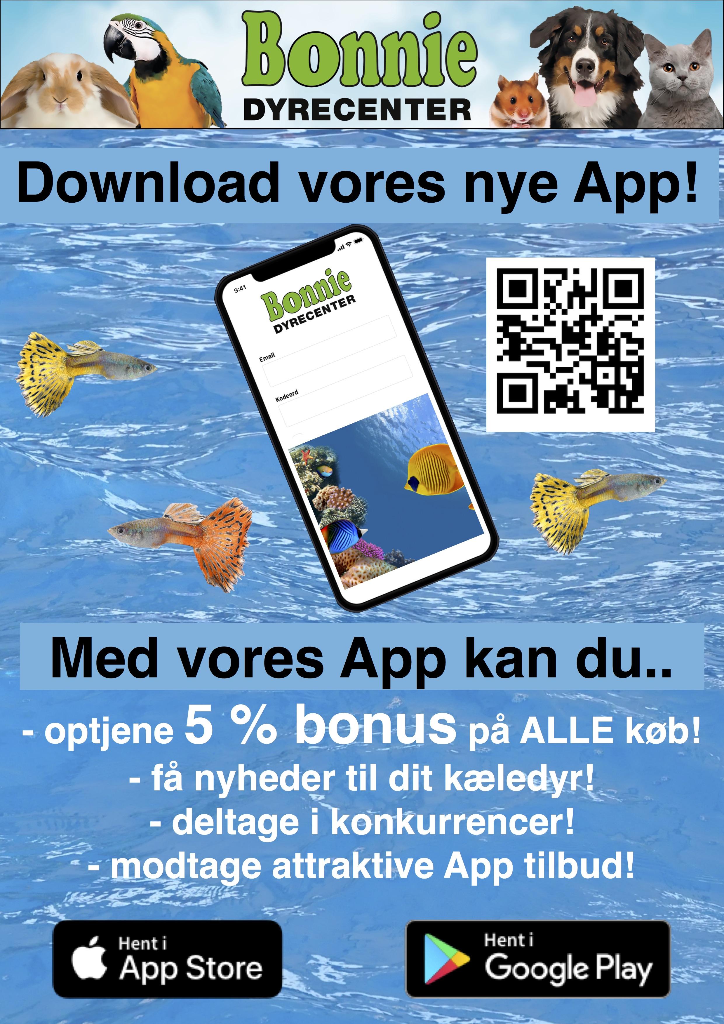 Download vores nye App fra Bonnie Dyrecenter med tilbud og konkurrencer, omgivet af farverige fisk og dyr.