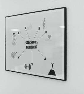 Billede af en ramme med tekst og ikoner, der illustrerer coaching og mentoring med forskellige symboler.