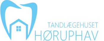 Tandlægehuset Høruphav logo med tand og hus i blå farver.