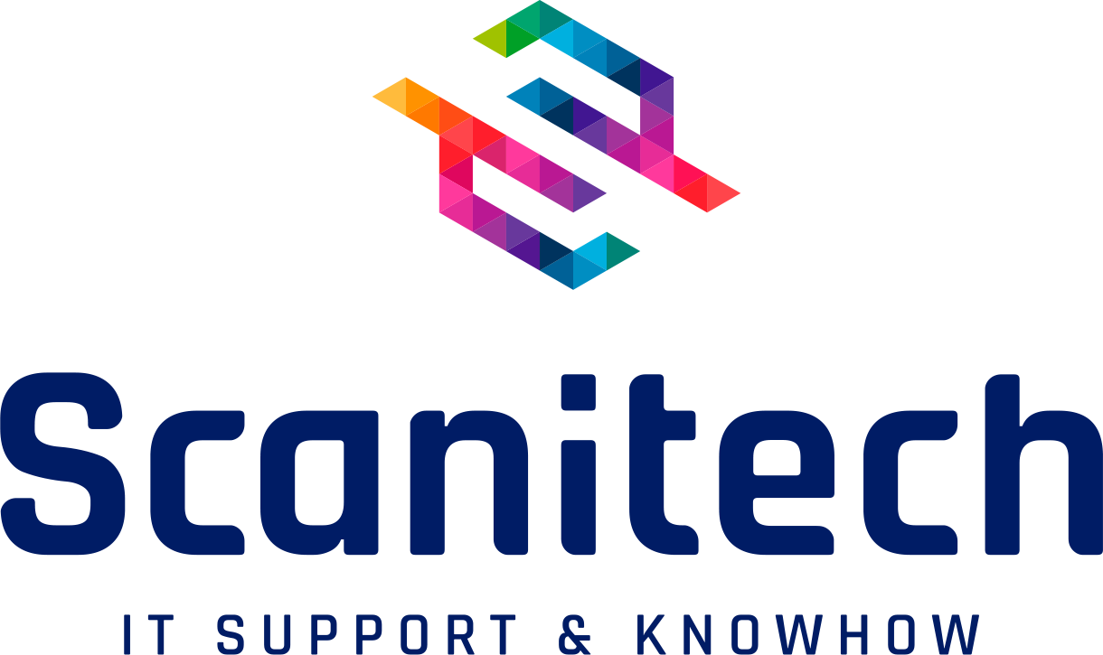 Scanitech logo med farverig grafik og teksten "IT SUPPORT & KNOWHOW" i mørkeblå skrifttype.