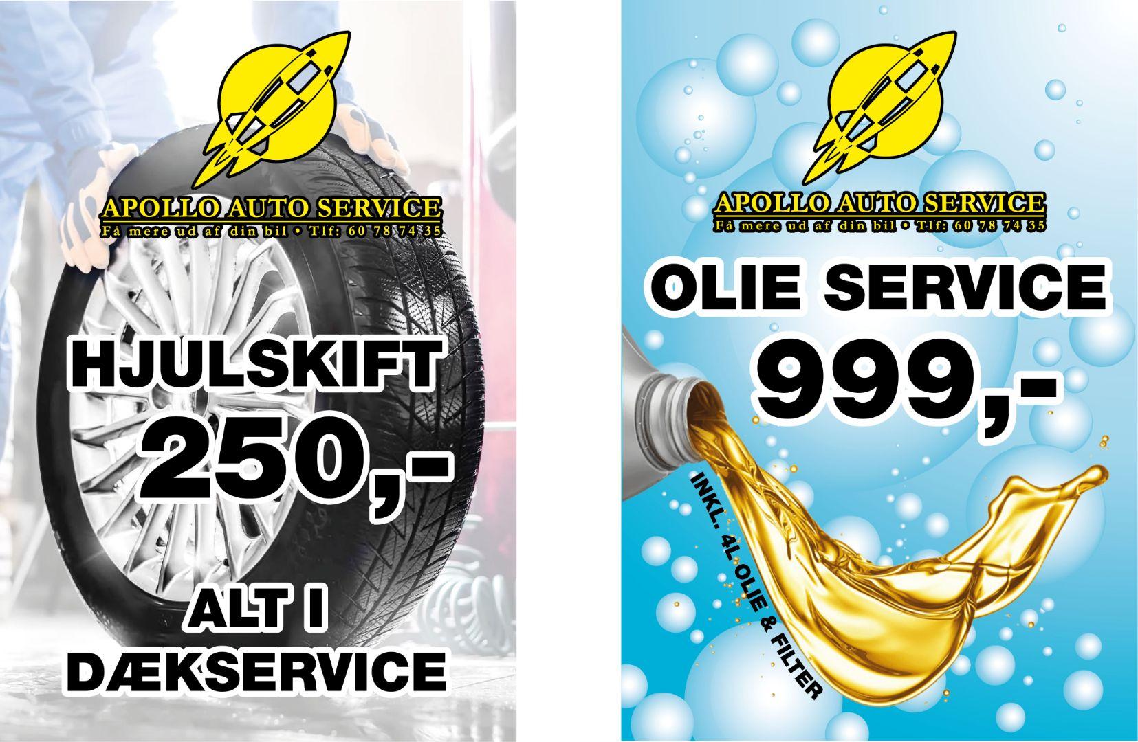 Hjulskift og olie service tilbud fra Apollo Auto Service med priser og billeder af dæk og olie.
