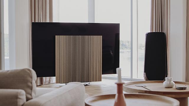 Moderne stue med en stor fladskærms-tv, en dekorativ skærm og elegante gardiner ved vinduet.