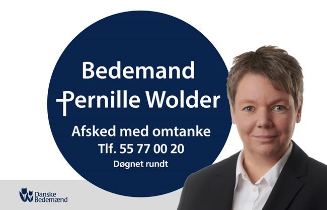 Bedemand Pernille Wolder præsenterer sig med kontaktinformation og slogan for begravelsestjenester.