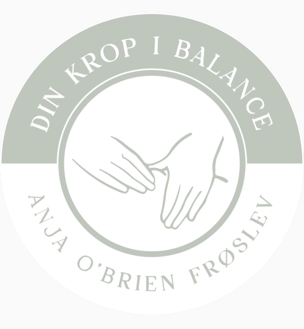 Logo for "Din Krop i Balance" med hænder, der symboliserer balance og velvære, designet af Anja O'Brien Frøsløv.