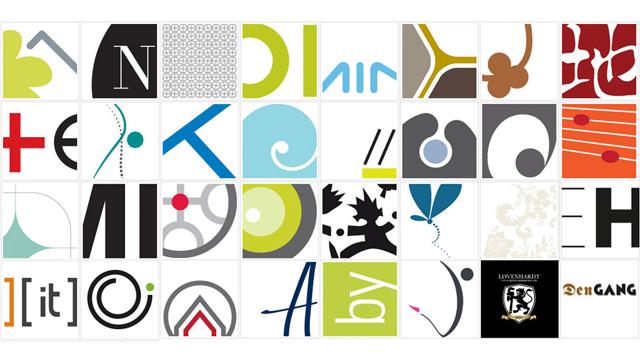 En collage af forskellige logoer og grafiske designs i farverige mønstre og former.