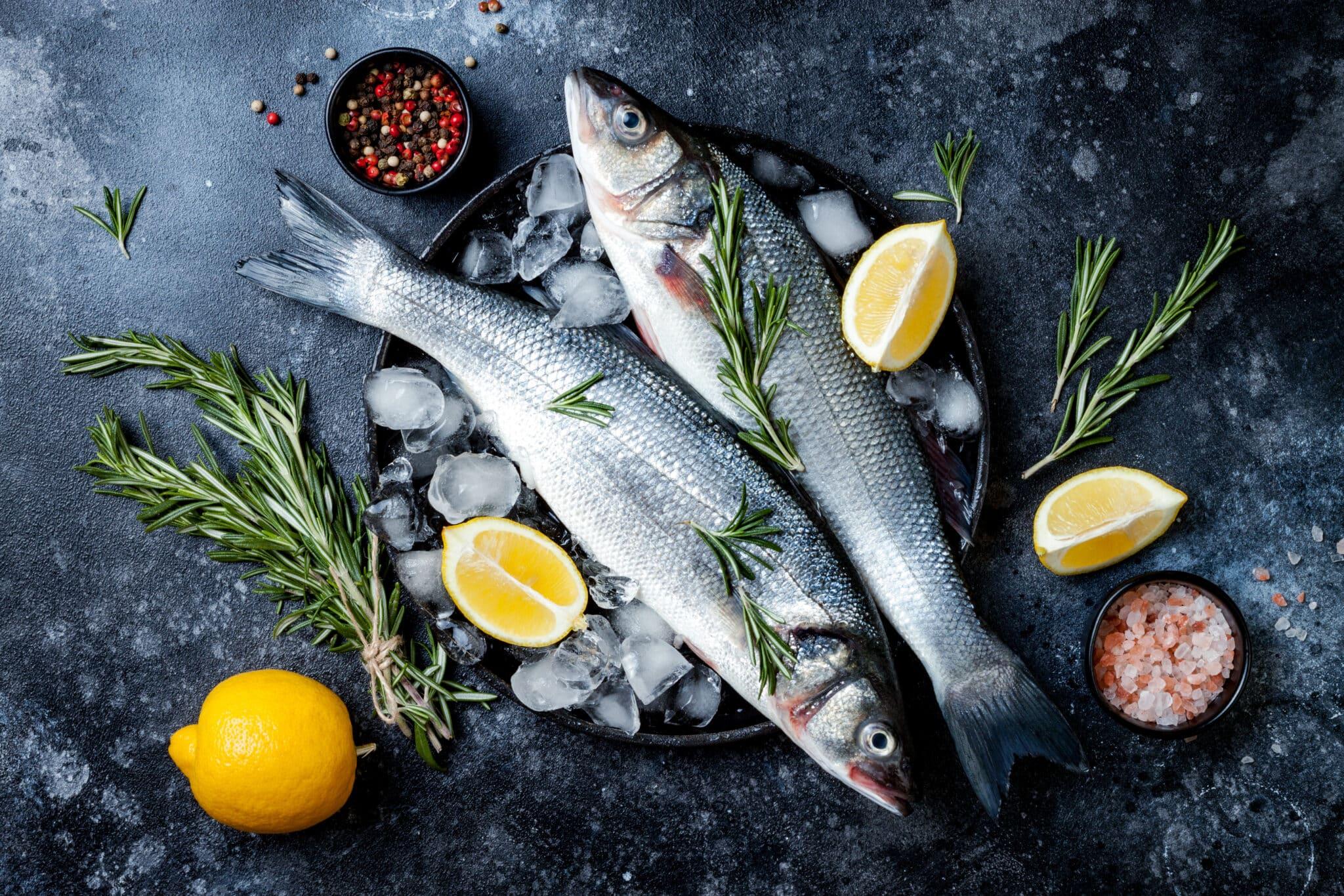 Friske fisk på is med citroner, rosmarin og peberkorn på en mørk overflade.