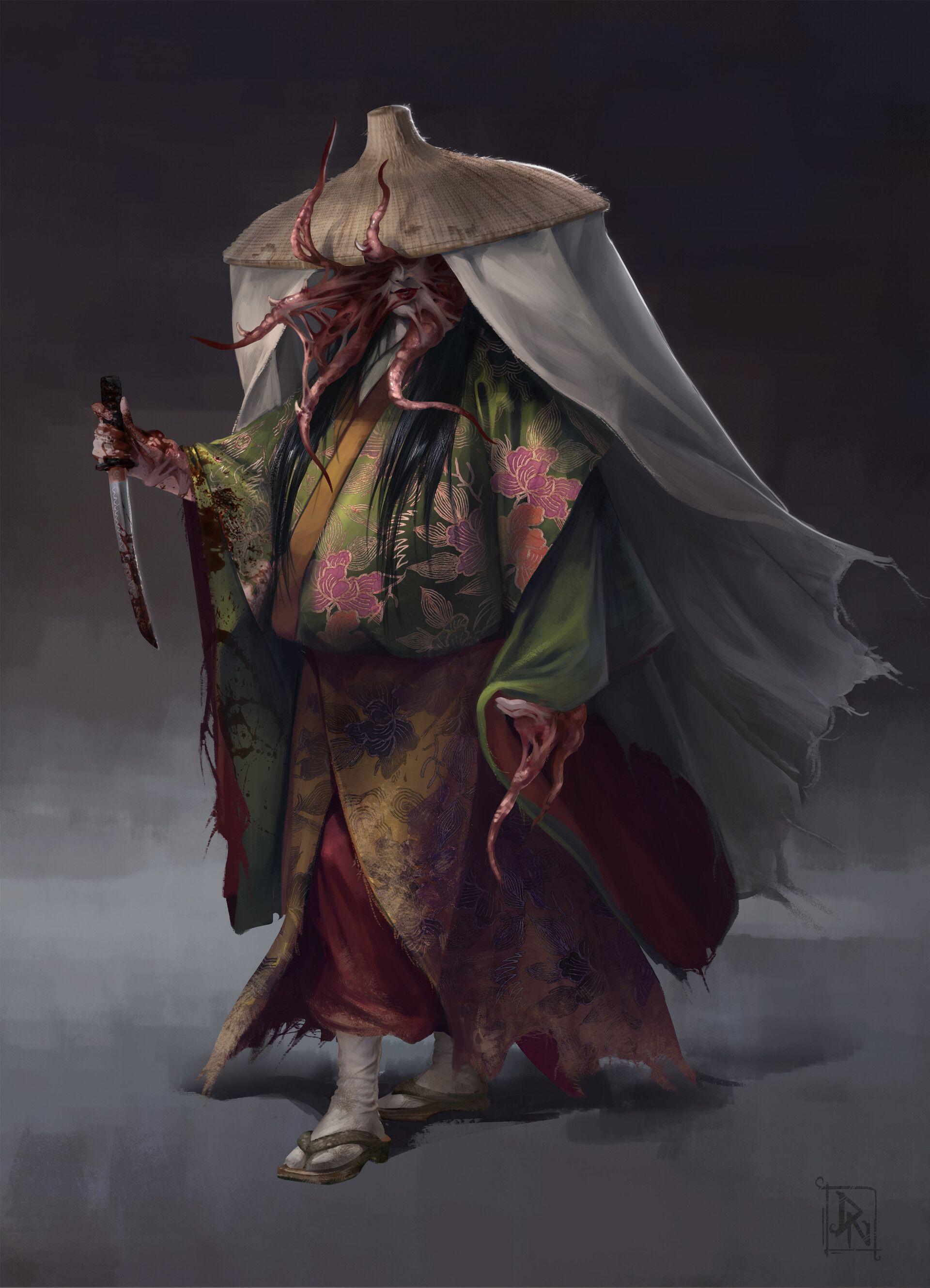 En mystisk skikkelse iført en farverig kimono og en stor hat, der bærer en stav og har tentakler.