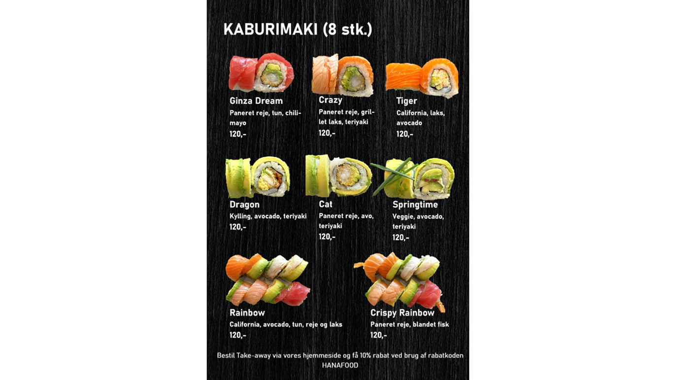 Menu med forskellige typer kaburimaki sushi, herunder ingredienser og priser.