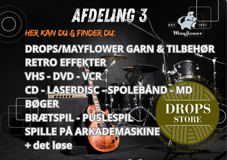 Afdeling 3 med Drops/Mayflower garn, retro effekter, bøger, brætspil og arkademaskiner i en musikalsk atmosfære.