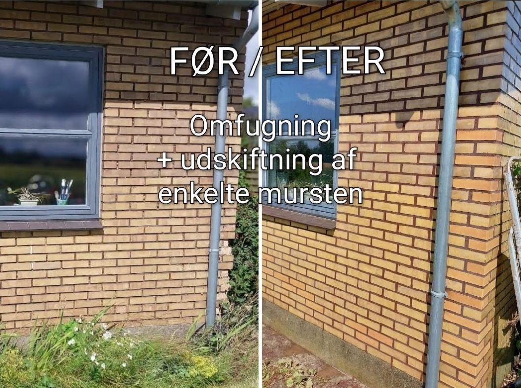 Før og efter billede af omfugning og udskiftning af mursten på en murstensvæg.