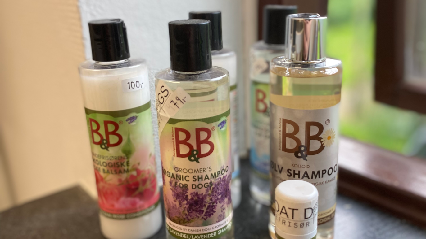Flere flasker med hundeshampoo og balsam i forskellige dufte på en bordplade ved et vindue.