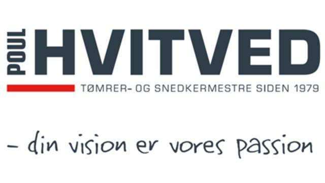 Poul Hvitveds logo med teksten "din vision er vores passion" og information om tømrer- og snedkerarbejde siden 1979.