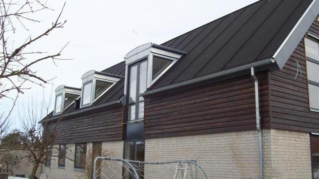 Moderne hus med skråtag og store vinduer, beliggende i et roligt område.