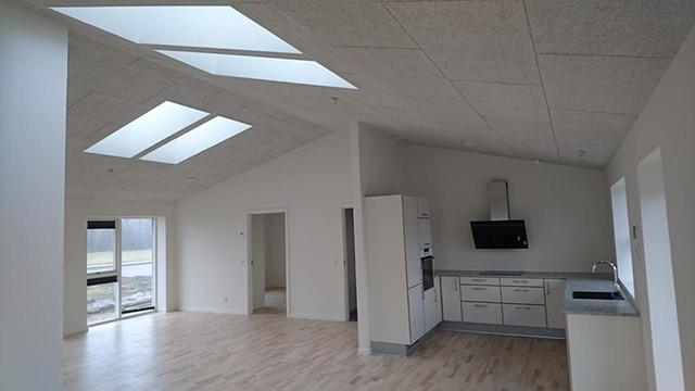 Moderne stue med åbent køkken, store vinduer og skrå loft, der giver masser af naturligt lys.