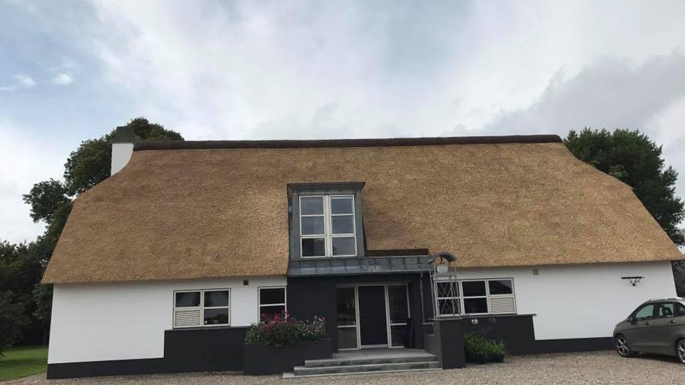 Et stort hus med stråtag og hvid facade, omgivet af grønne træer og en grusvej.