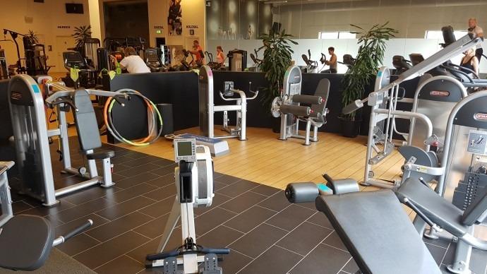 Træningsudstyr i et moderne fitnesscenter med folk, der træner og planter i baggrunden.