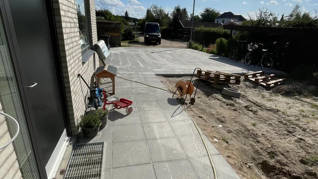 En hund går på fliserne ved siden af en bygning, med en bil og cykler i baggrunden.