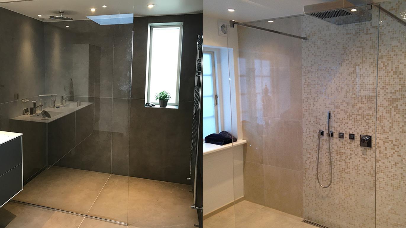 Moderne badeværelse med brusekabine, fliser og minimalistisk indretning, delt i to sektioner.