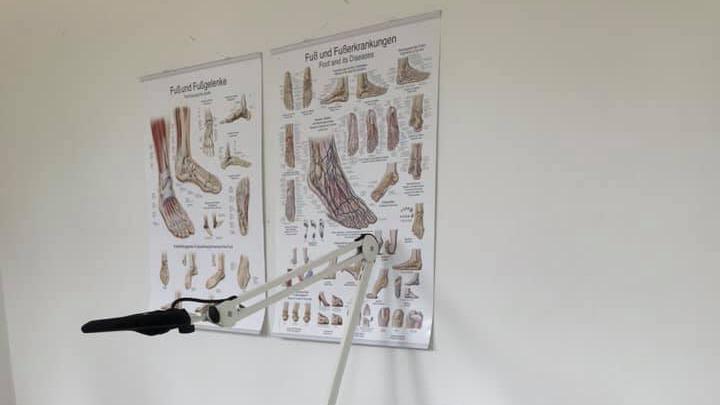 Plakat med anatomiske illustrationer af fødder og ankler hængende på væggen i et rum.