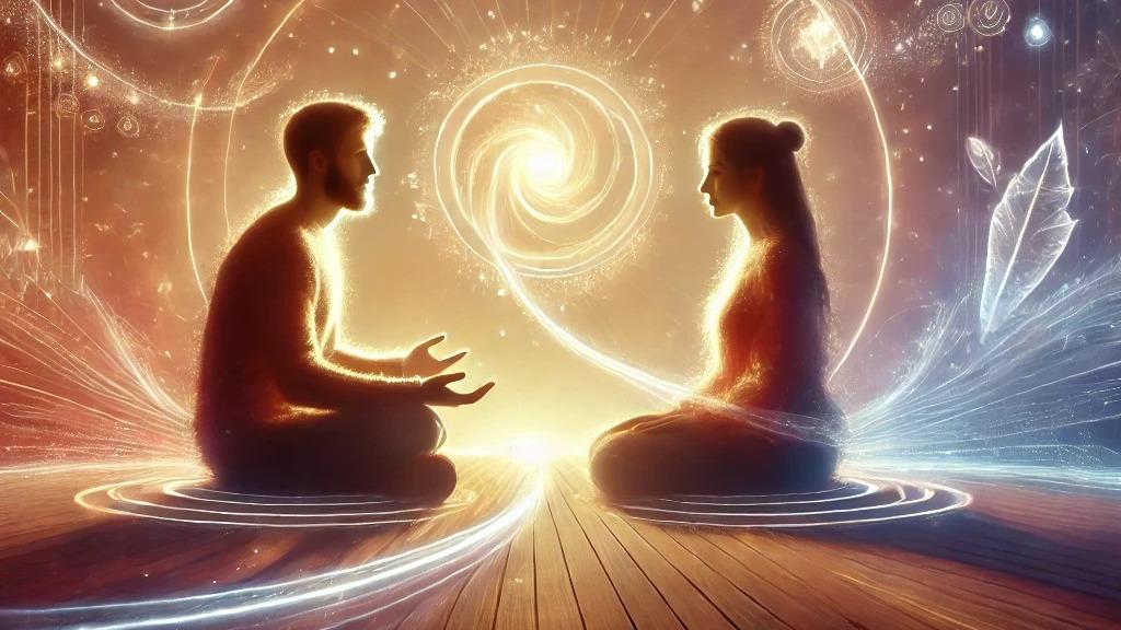 To personer, en mand og en kvinde, sidder i meditation med lys og spiraler omkring dem, symboliserer forbindelse og energi.