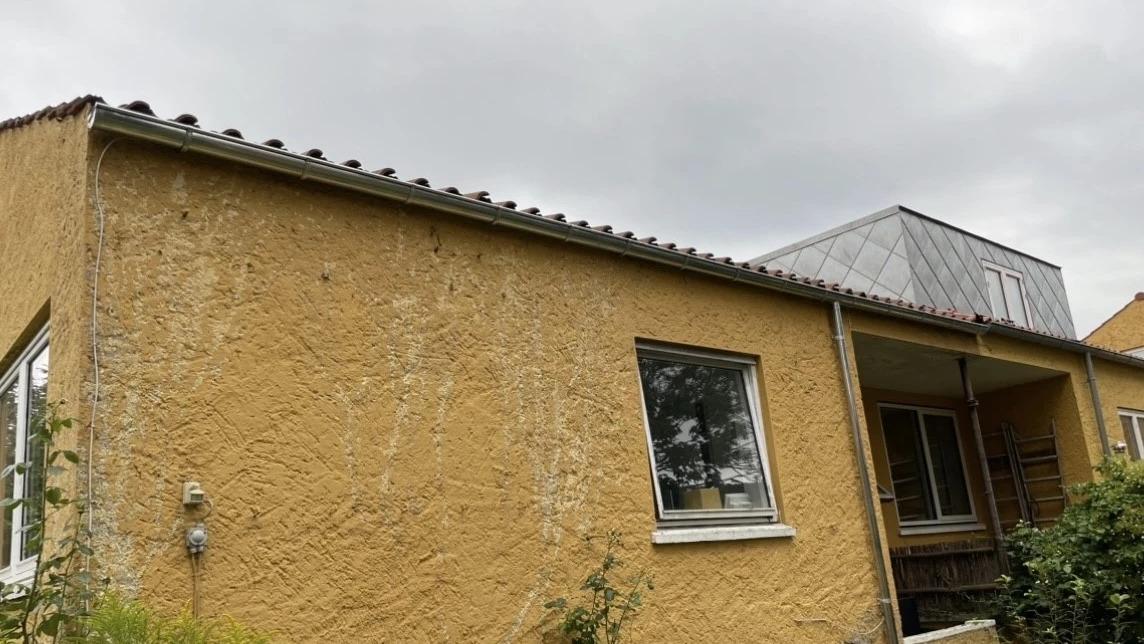Gul murstenshus med skråtag og vinduer, omgivet af grønne planter under en grå himmel.