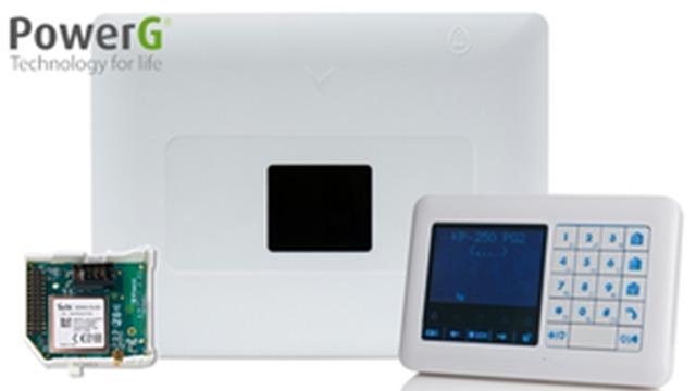 Sikkerhedssystem med kontrolpanel og sensor fra PowerG, der viser teknologi til hjemmet.