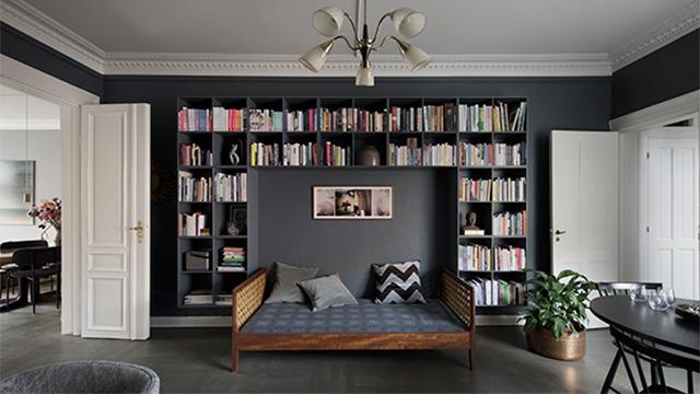 Moderne stue med en bogreol, en sofa med puder og en plante i et stilfuldt indrettet rum.