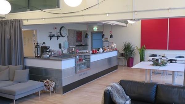 Moderne caféindretning med en bar, sofaer og spisepladser i et lyst rum med planter og kunstværker.
