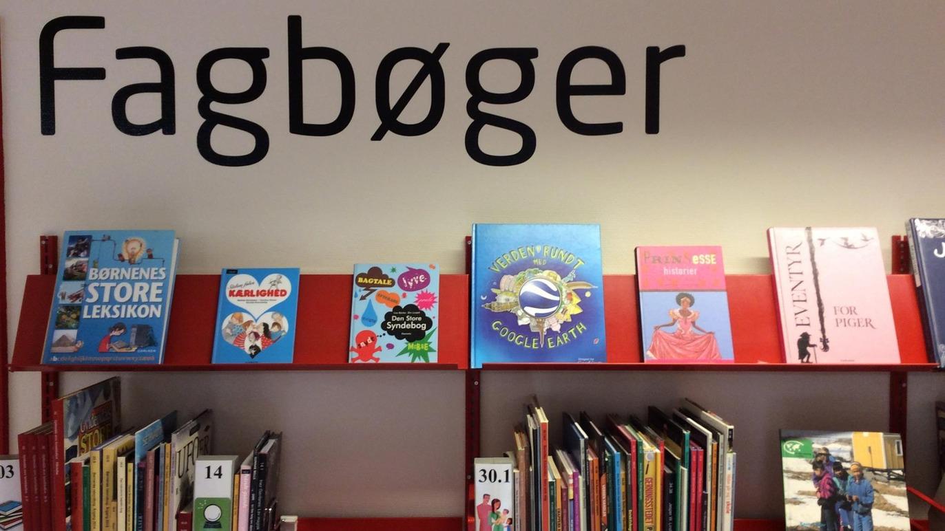 Reol med fagbøger og farverige bøger på hylderne i et bibliotek.