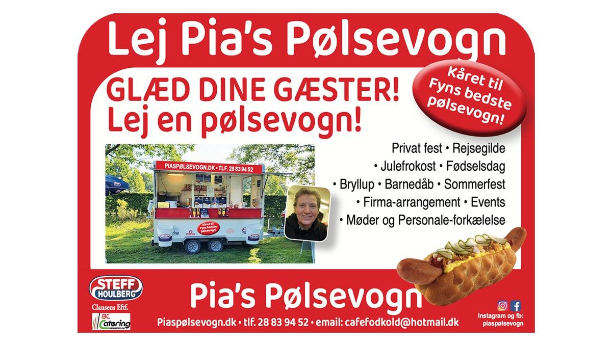 Lejeannonce for Pia's Pølsevogn med information om catering, events og pølsevognens tilbud.