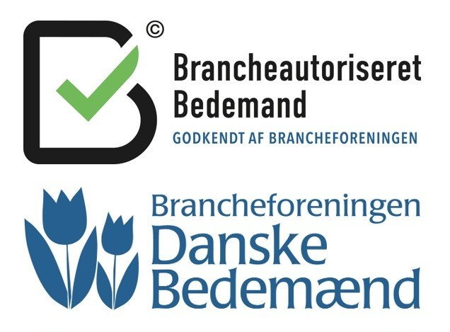 Logoer for Brancheautoriseret Bedemand og Brancheforeningen Danske Bedemænd med tulipaner.