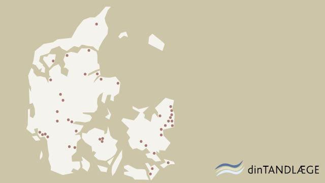 Kort over Danmark med tandlægepraksisser markeret. Logo for dinTANDLÆGE i nederste højre hjørne.