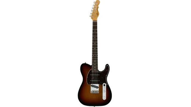 En elektrisk guitar i sunburst farve med seks strenge og en klassisk form.