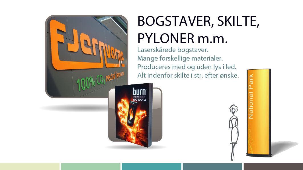 Billede af skilte og pyloner med tekst om bogstaver og materialer til skiltproduktion.