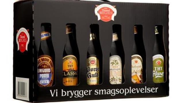 En gaveæske med forskellige ølflasker fra Thisted Bryghus, der viser et udvalg af smagsoplevelser.