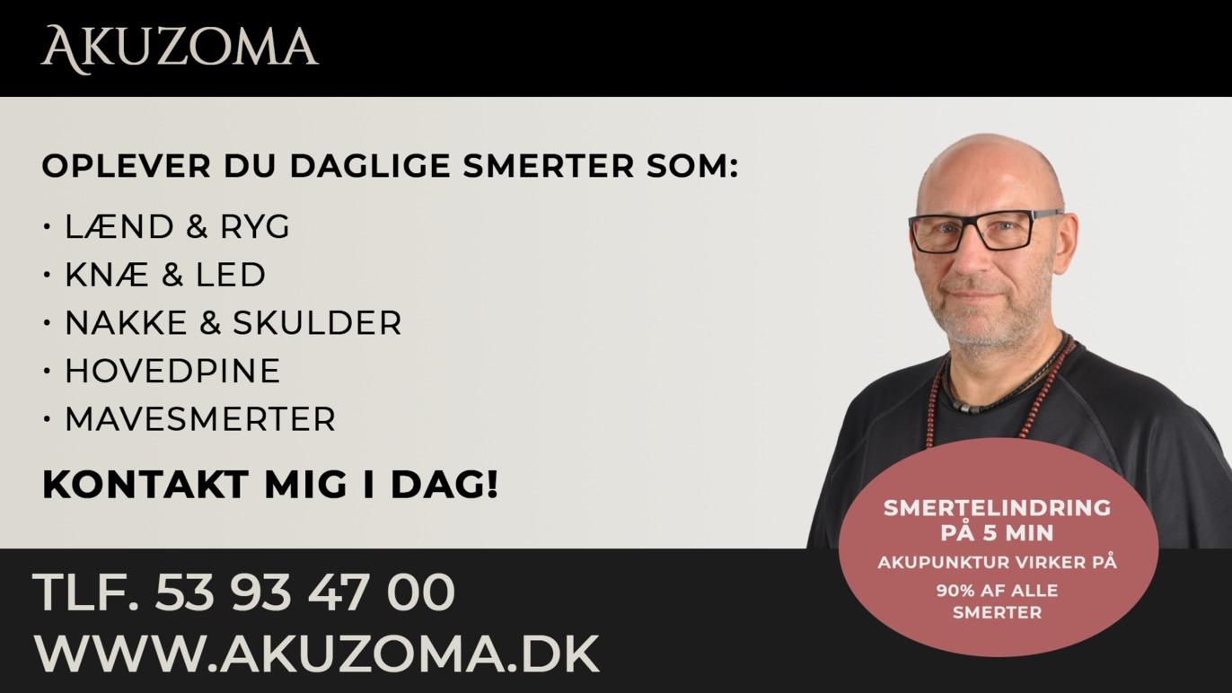 Akuzoma reklame med kontaktinformation og liste over daglige smerter som lænd, ryg, knæ, led, nakke, skuldre og hovedpine.