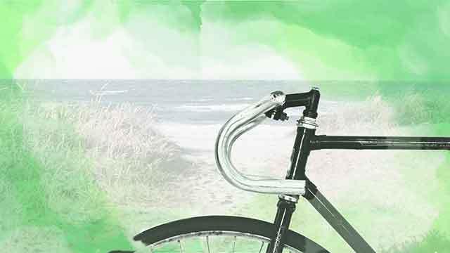 En cykelstyr med havet i baggrunden og grønne akvareltoner.