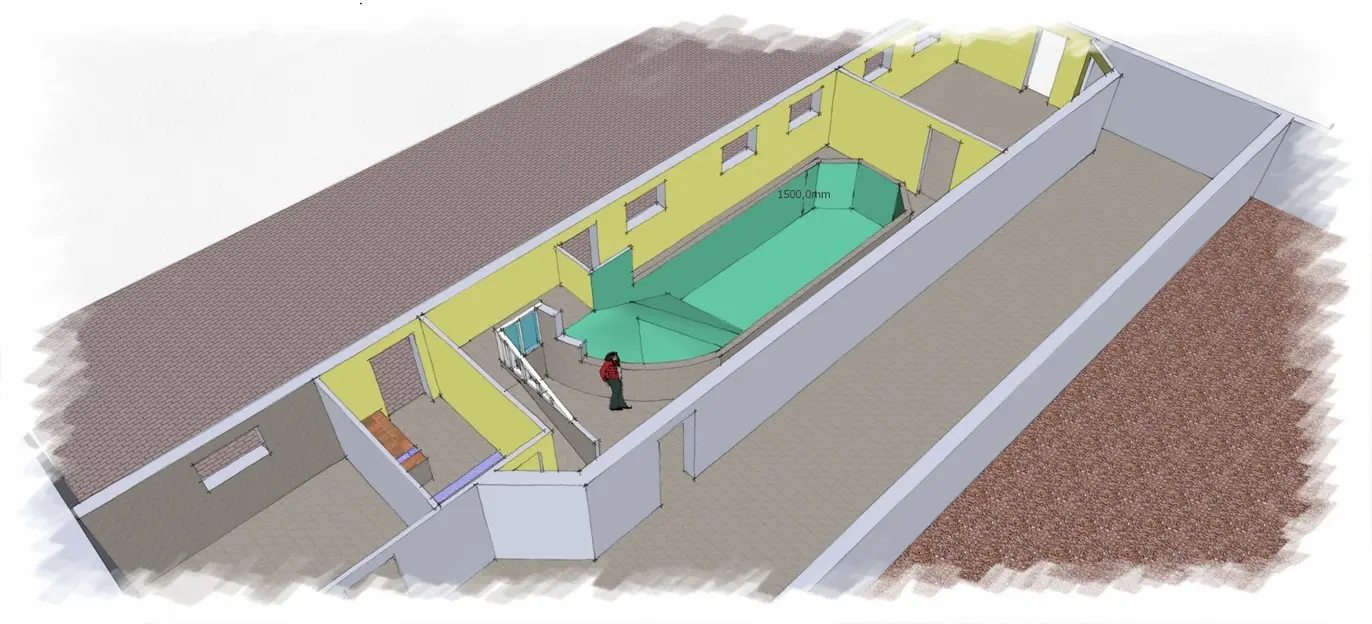3D-model af et rum med gule vægge, en grøn sofa og en person, der står ved en trappe.