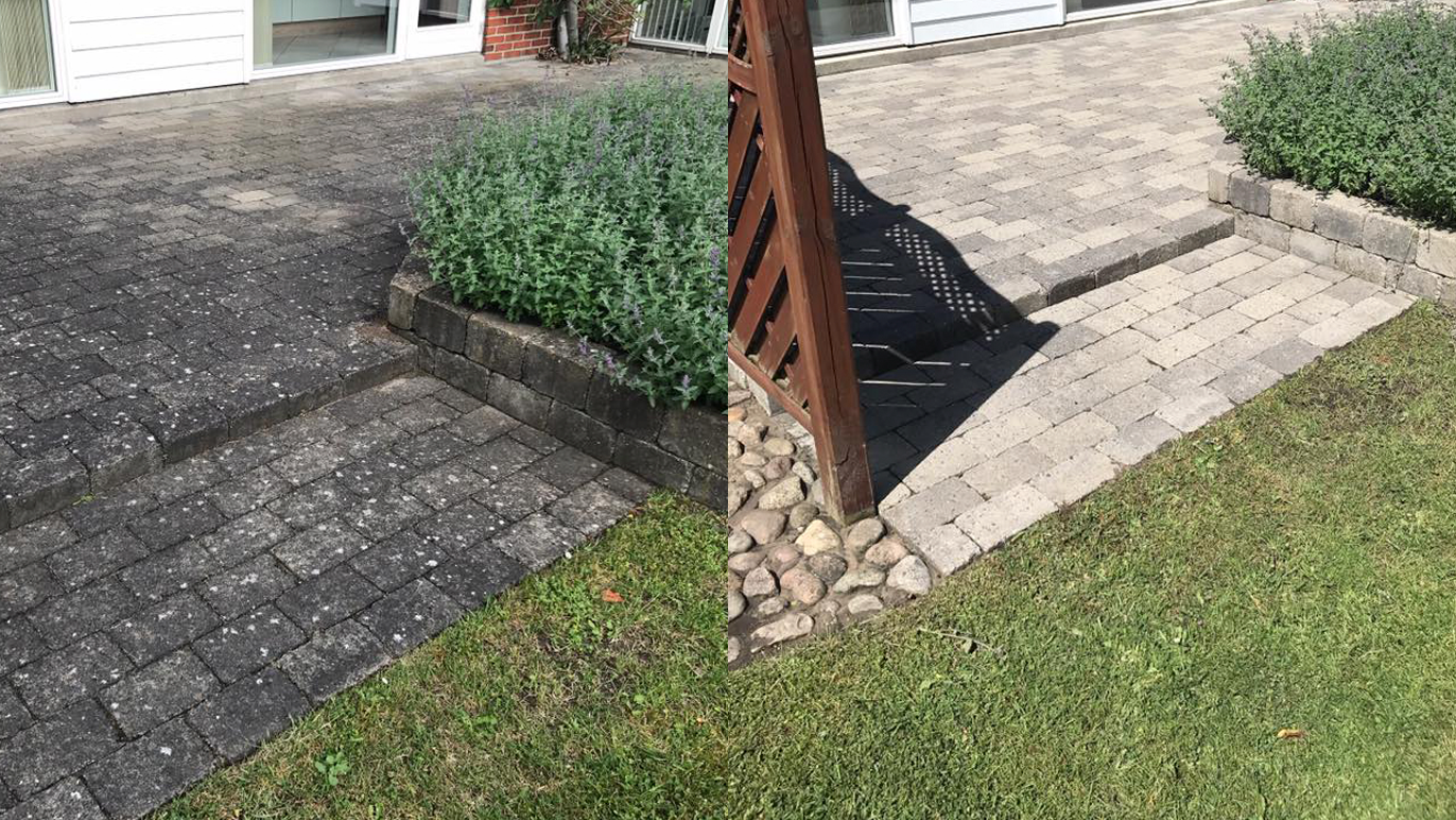Før og efter billede af en renoveret indkørsel med fliser og grønne planter langs kanten.