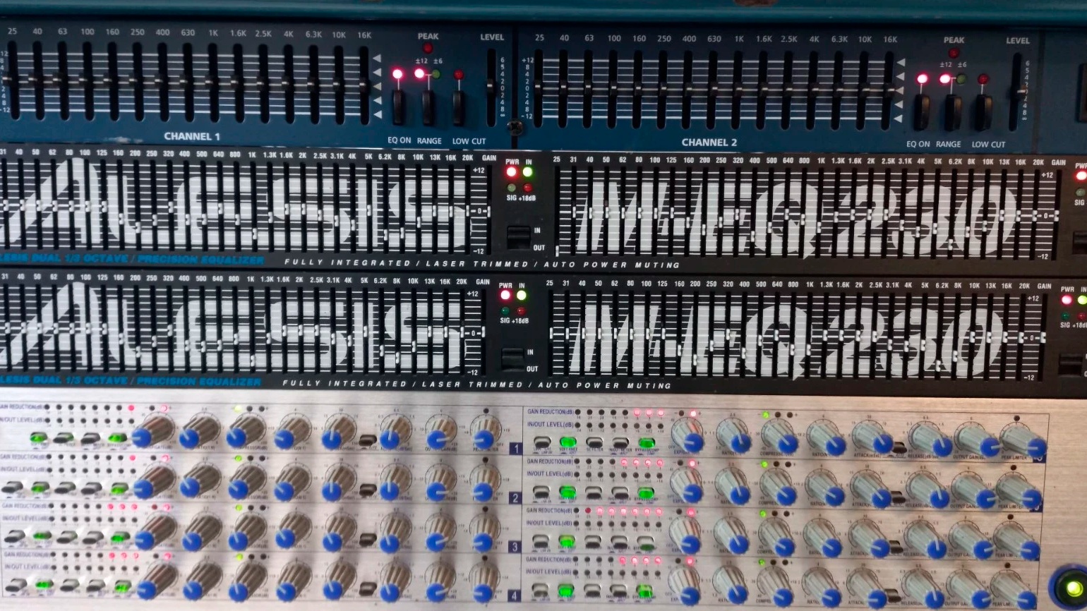 Billede af en Alesis mixer med flere kanaler og knapper til lydjustering og effekter.