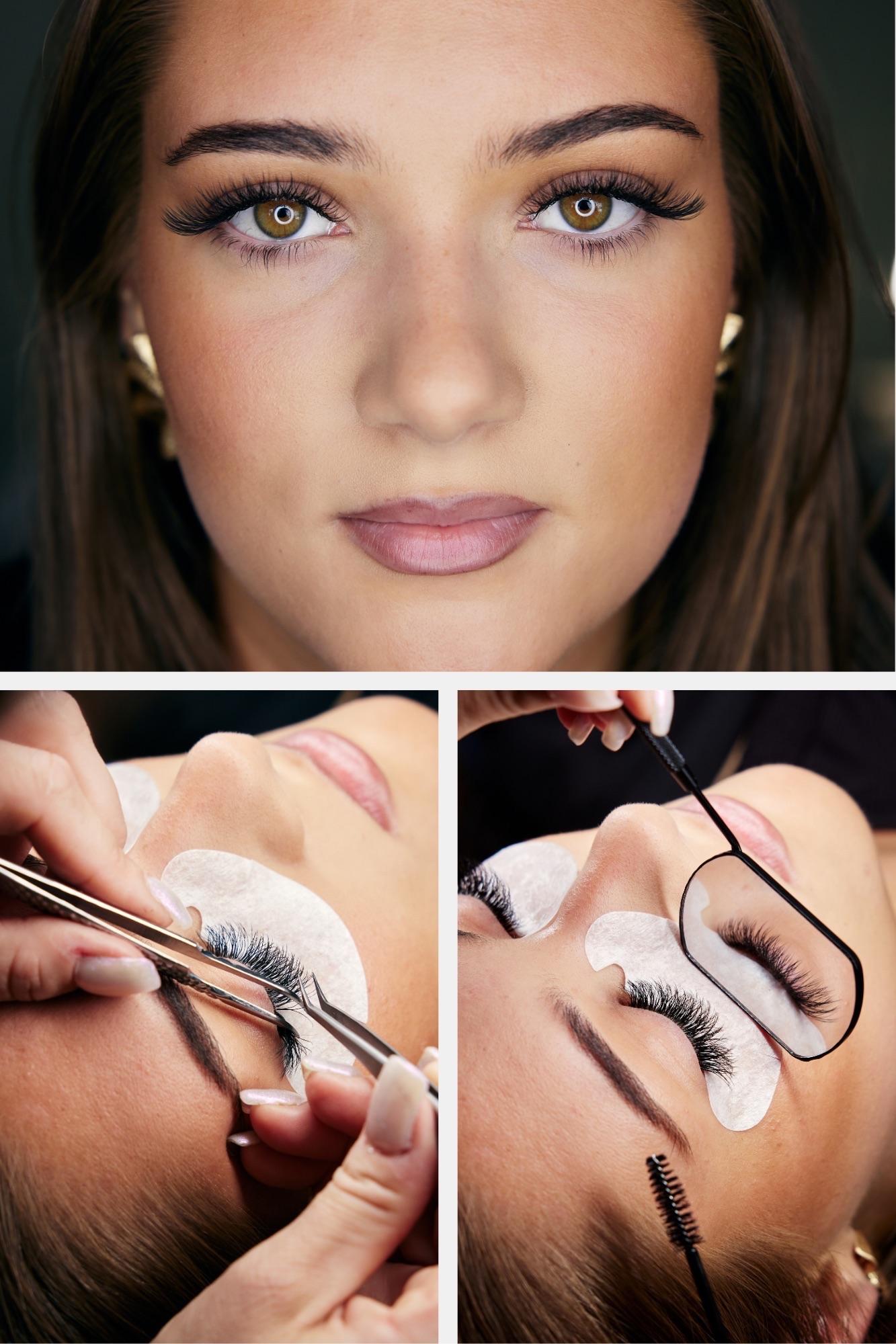 Billede af en kvinde med makeup, der får påsat vipper, med fokus på øjne og skønhedsbehandling.
