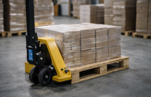 En palle med indpakket kasser står på en palletrucks gaffel i et lager.