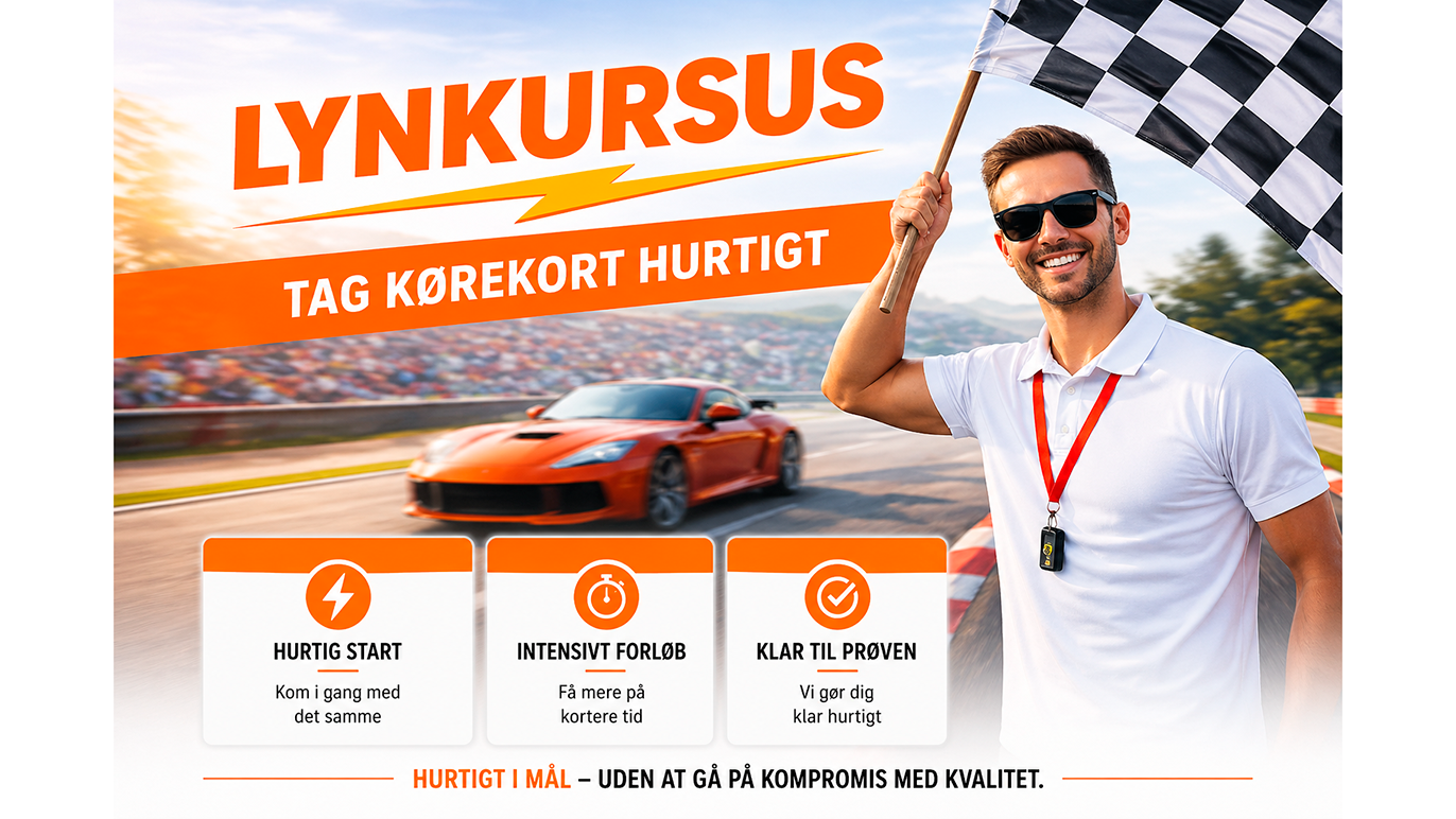 Lynkursus for kørsel med hurtig start og intensiv træning, bil på racerbane med flag i hånden.
