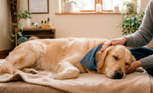 En afslappet golden retriever ligger på en sofa, mens en person kærtegner dens hoved.