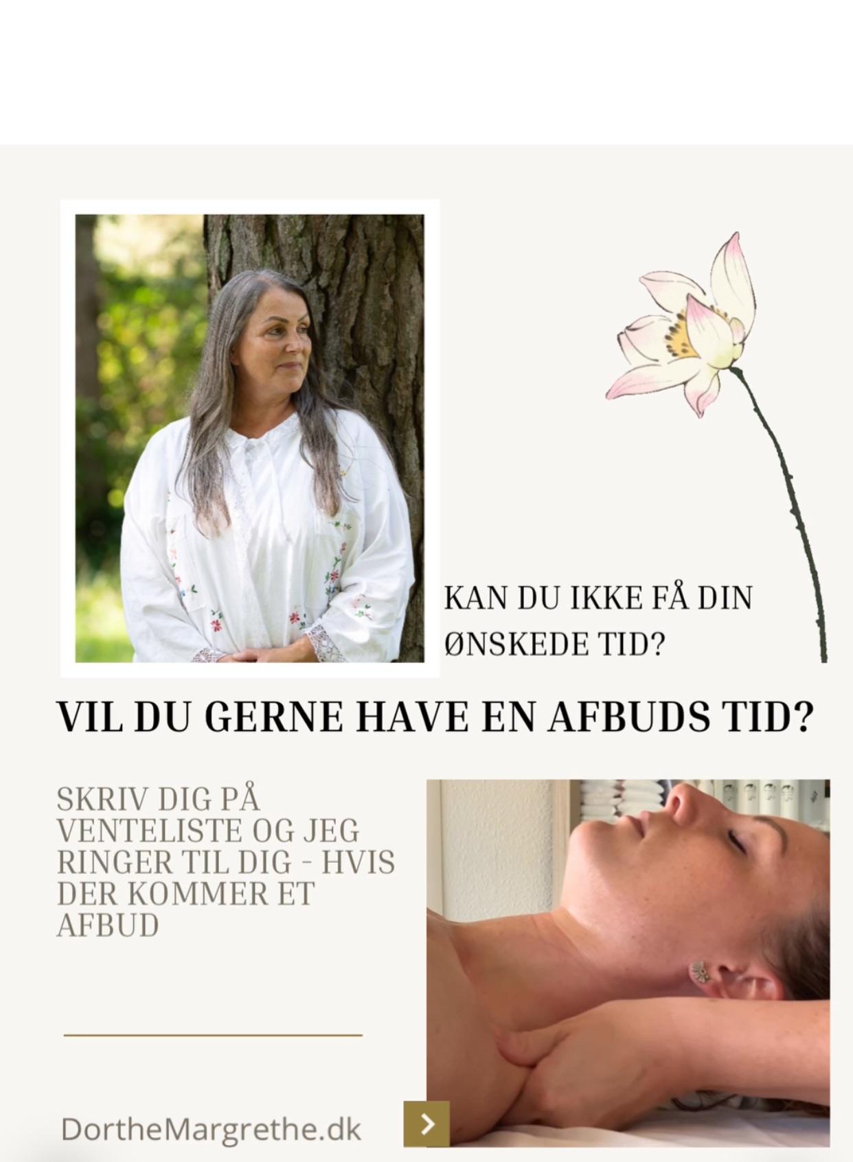 En kvinde i hvid bluse med langt hår, der tilbyder afbudstider til behandlinger.
